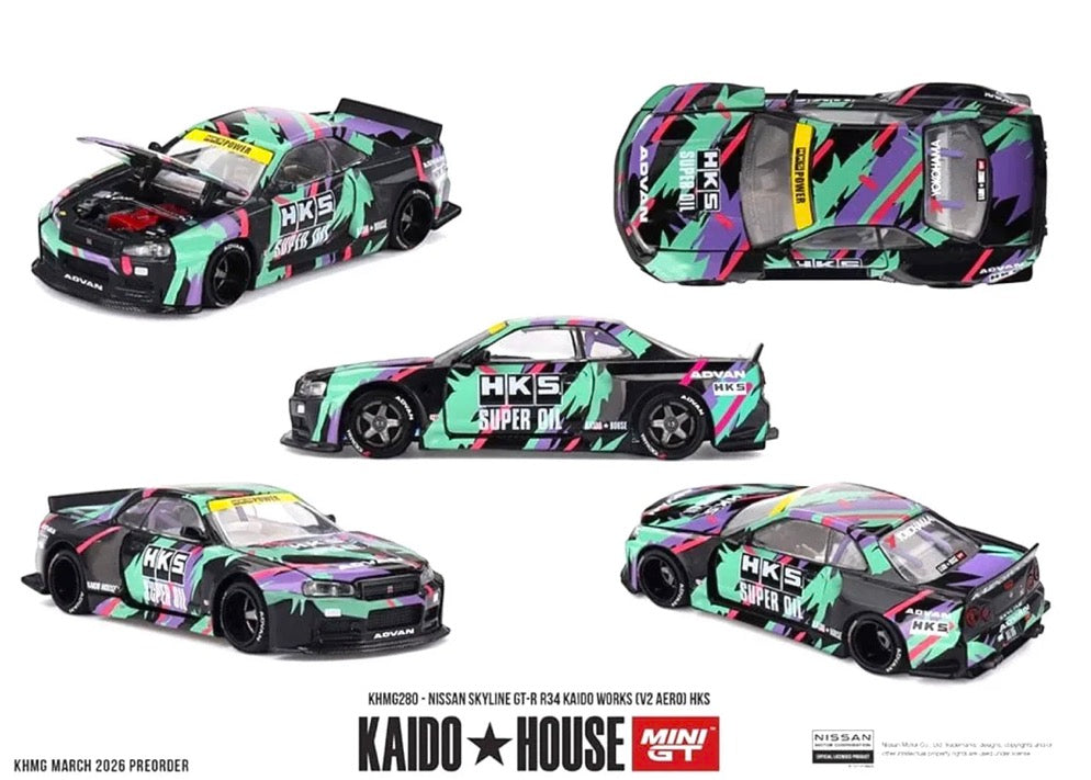 (Preorder) Kaido House x Mini GT 1:64 Nissan Skyline GT-R R34 Kaido Works (V2 Aero) HKS – Limited Edition ETA August 2026