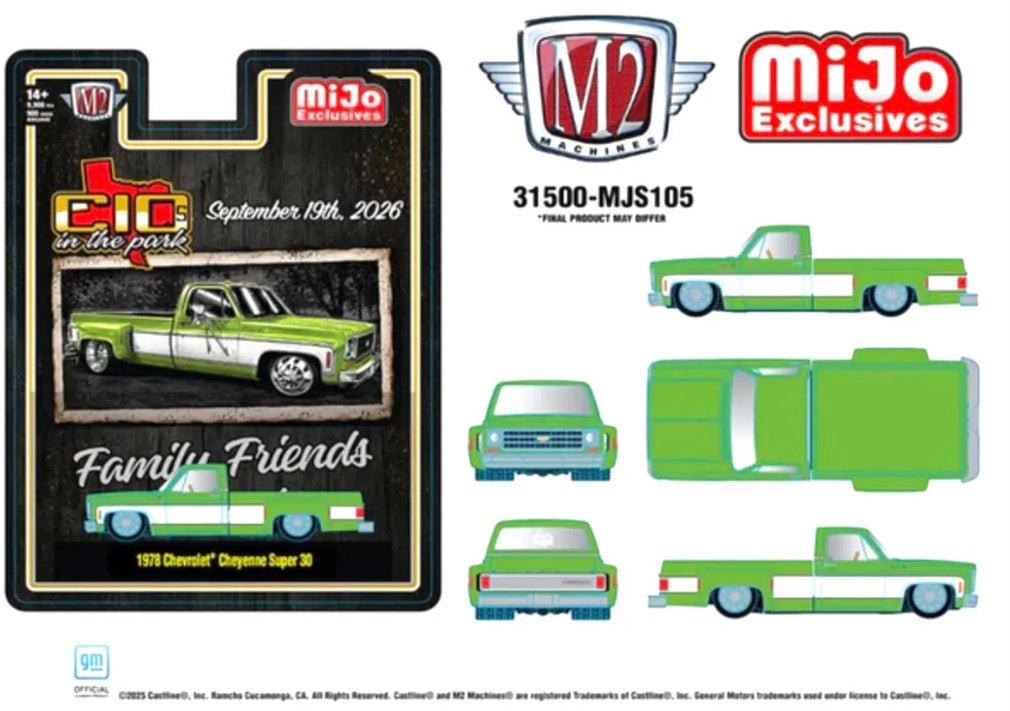 M2 Machines 1978 Chevrolet Cheyenne Super 30 1:64 Die-Cast – C10s In The Park Two-Tone Green White Mijo Exclusives ETA September 2026