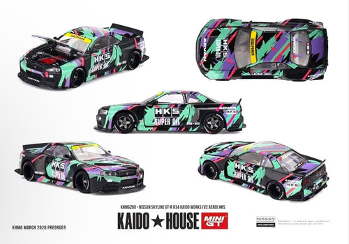 (Preorder) Kaido House x Mini GT 1:64 Nissan Skyline GT-R R34 Kaido Works (V2 Aero) HKS – Limited Edition