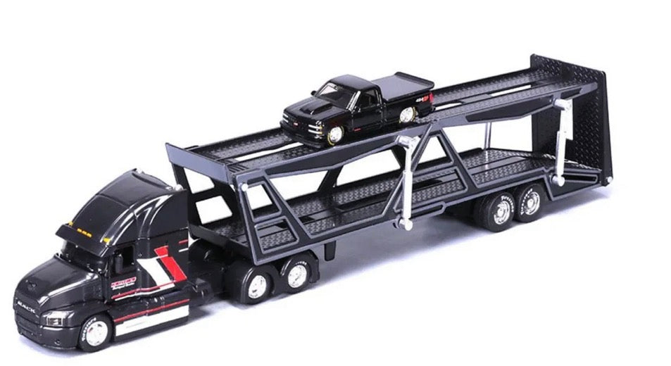 Preorder) Maisto 1:64 Mack Transporter Open Trailer w/ 1993 Chevrolet 454 SS Pickup – Black – Design Transporters Preorder ETA July 2026
