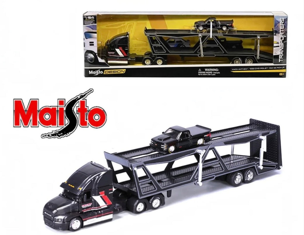 Preorder) Maisto 1:64 Mack Transporter Open Trailer w/ 1993 Chevrolet 454 SS Pickup – Black – Design Transporters Preorder ETA July 2026