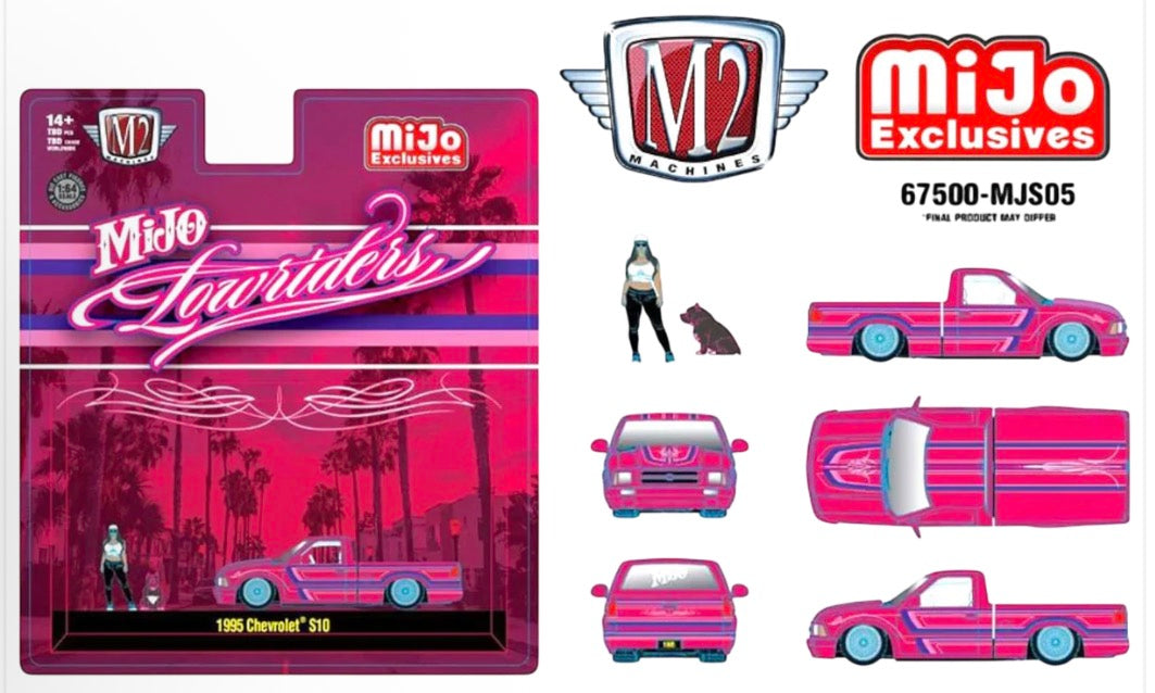 (Preorder) M2 Machines 1:64 Diorama Series 1995 Chevrolet S10 Lowriders with Girl & Pitbull Dog Figures – Pink – Mijo Exclusives-Ships Summer 2026